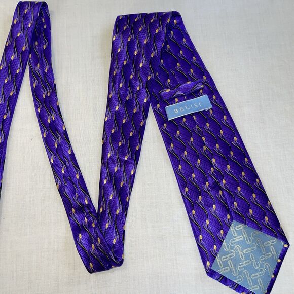 Belisi Men’s Dress Tie Size 57” Purple Wave Pattern Silk Business Formal Party - Picture 11 of 12